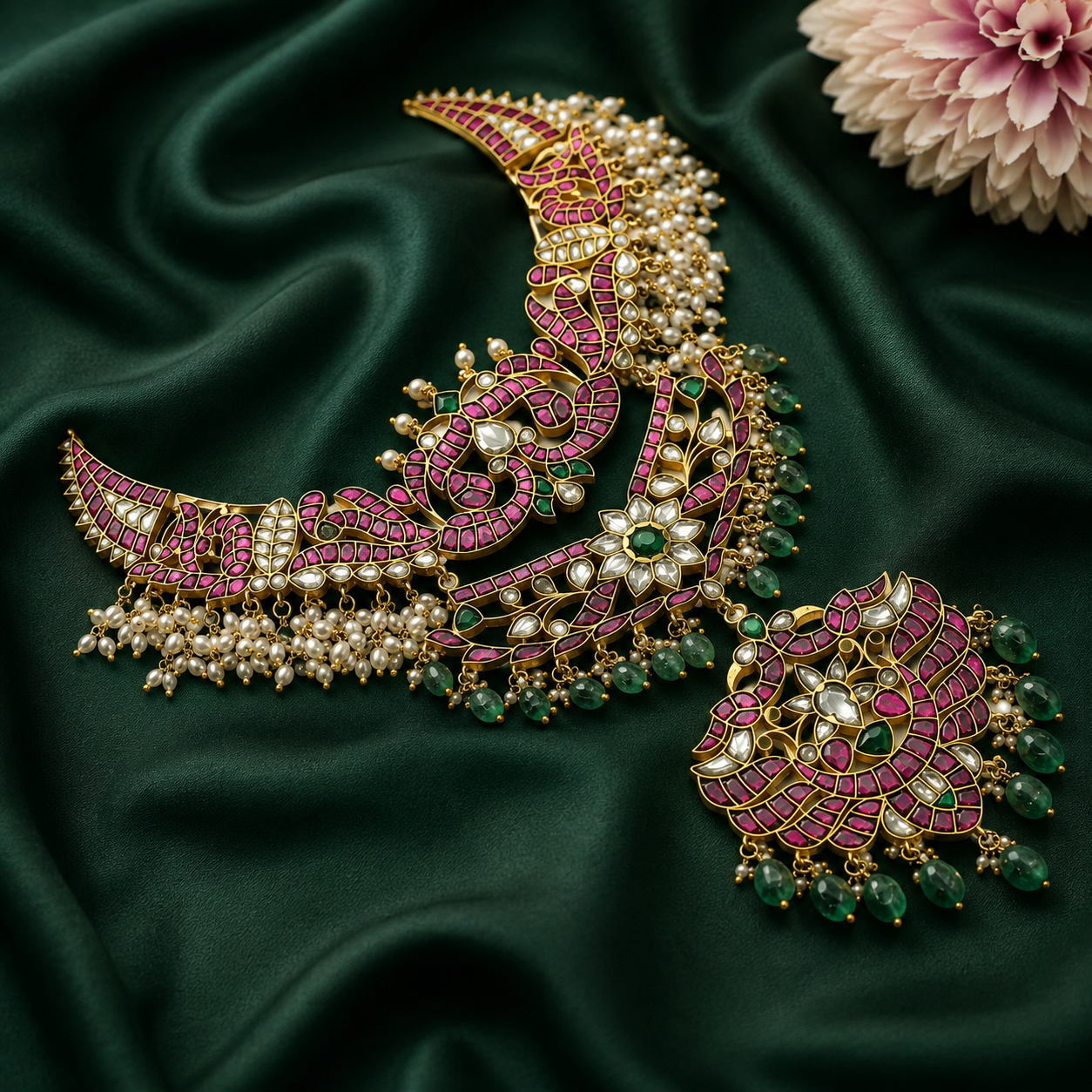 Bridal 2 layered Jadau Kundan hand made necklace with rice pearls and Russian strawberry beads