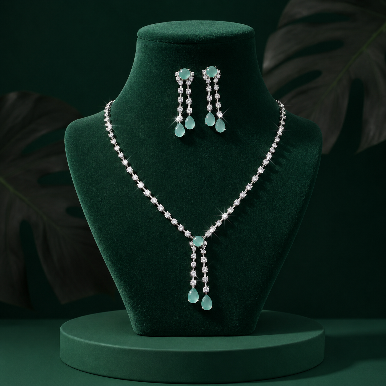 41401 Light Green Silver AD Short Necklace Set