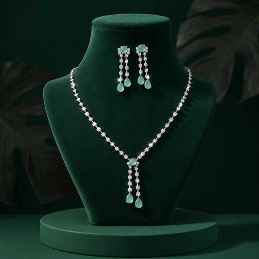 41401 Light Green Silver AD Short Necklace Set
