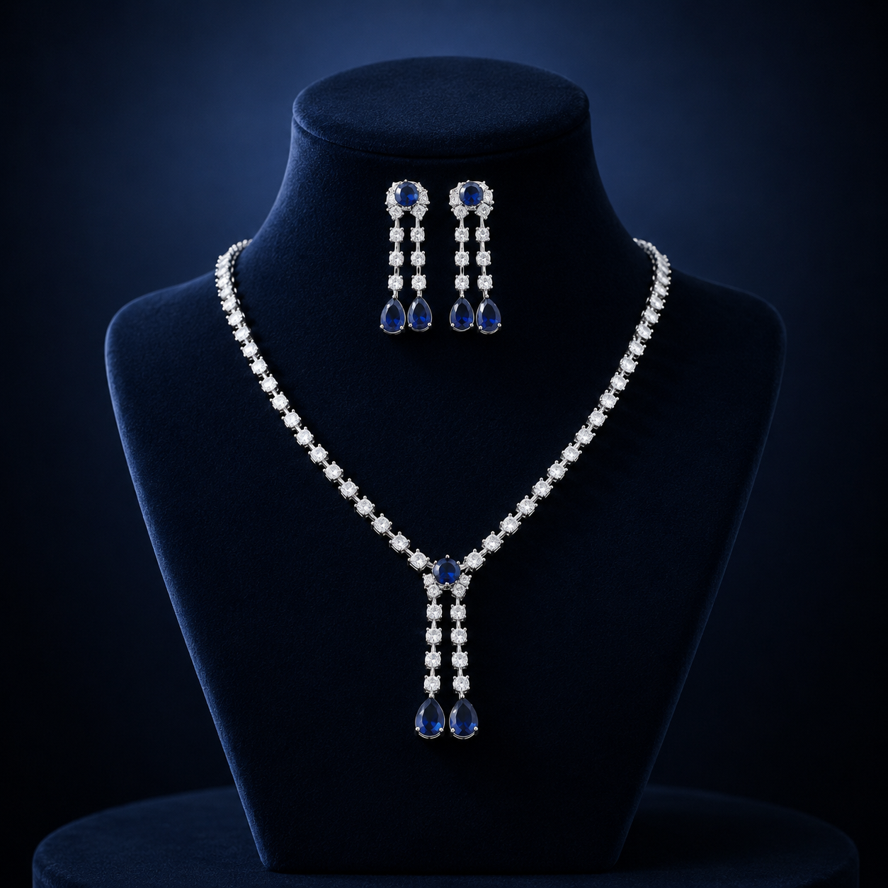 41404 Blue Colour Stone Silver AD Short Necklace Set