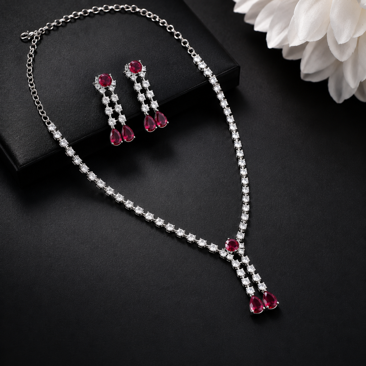41402 Wine Colour Stone Silver AD Short Necklace Set