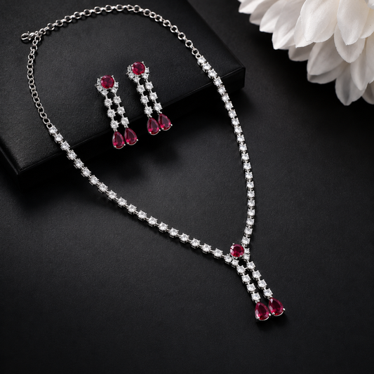 41402 Wine Colour Stone Silver AD Short Necklace Set