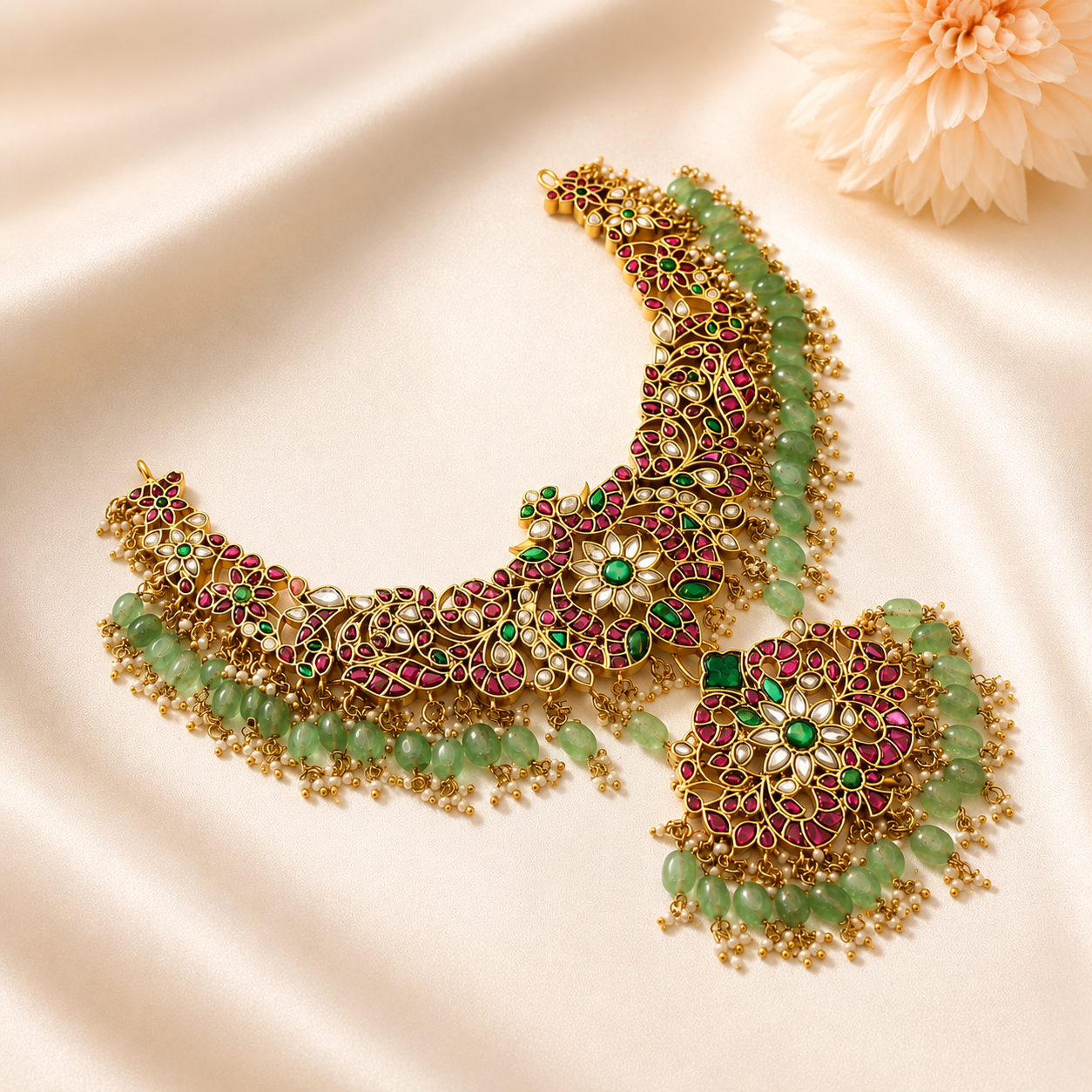41887  Jadau double peacock flower pattern short necklace