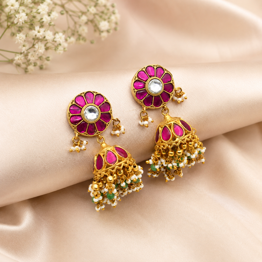 42316 Jadau Kundan medium size handmade Jhumkas with screwback earrings