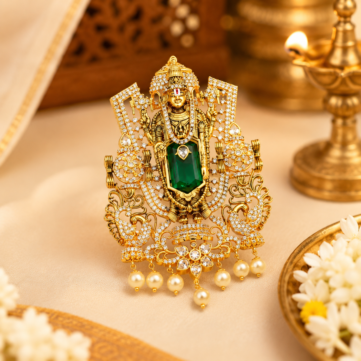 42415 Tirupati Balaji Emerald Centre Stone Locket With Non-Openable Hook