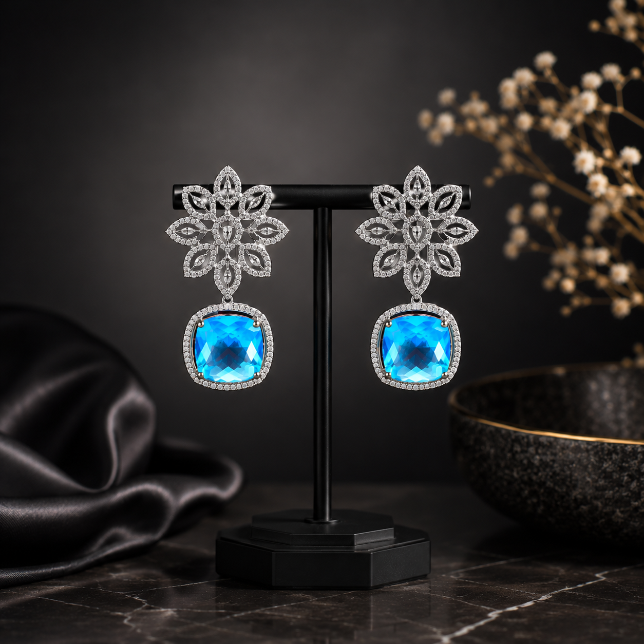 27028 Platinum Blue Floral Earrings