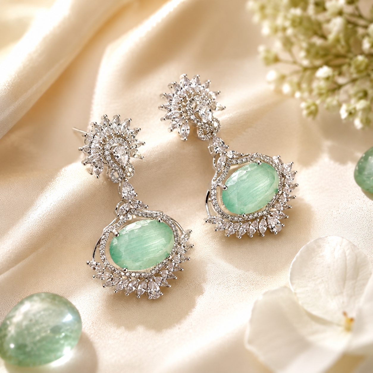28656 platinum mint green colour earrings