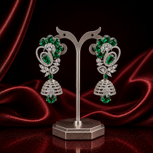 22062 platinum green stone big earrings