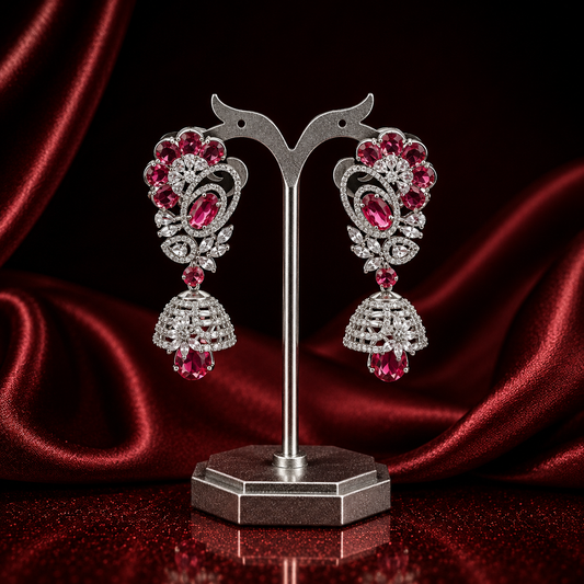22056 platinum fancy flower Ruby colour stone earrings