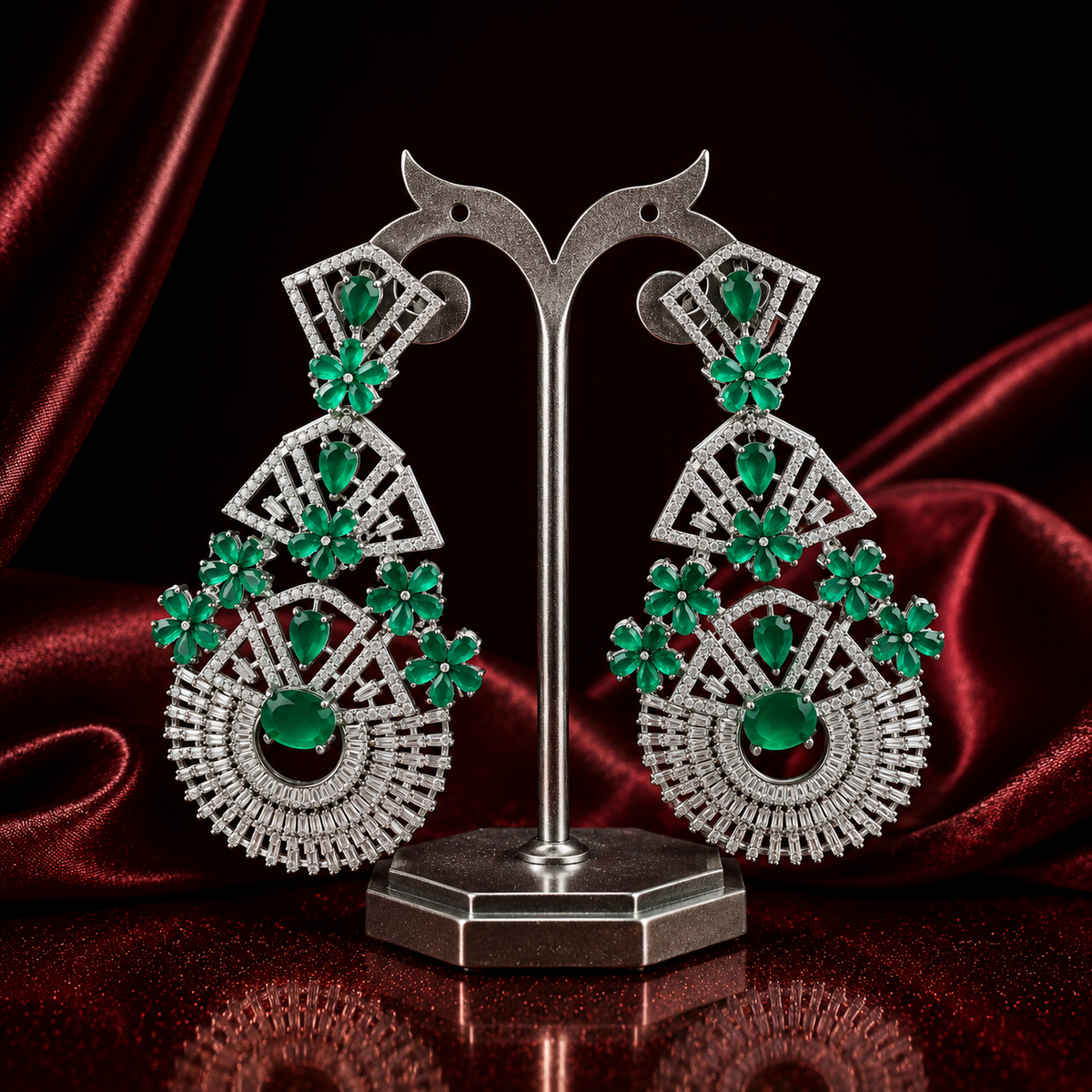 Platinum Big Chandelier Earrings with Green Stones SP-1312