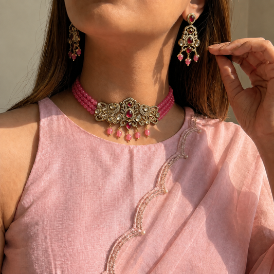 3 Lines Onion Pink Beads Choker With Victorian Pendent Red