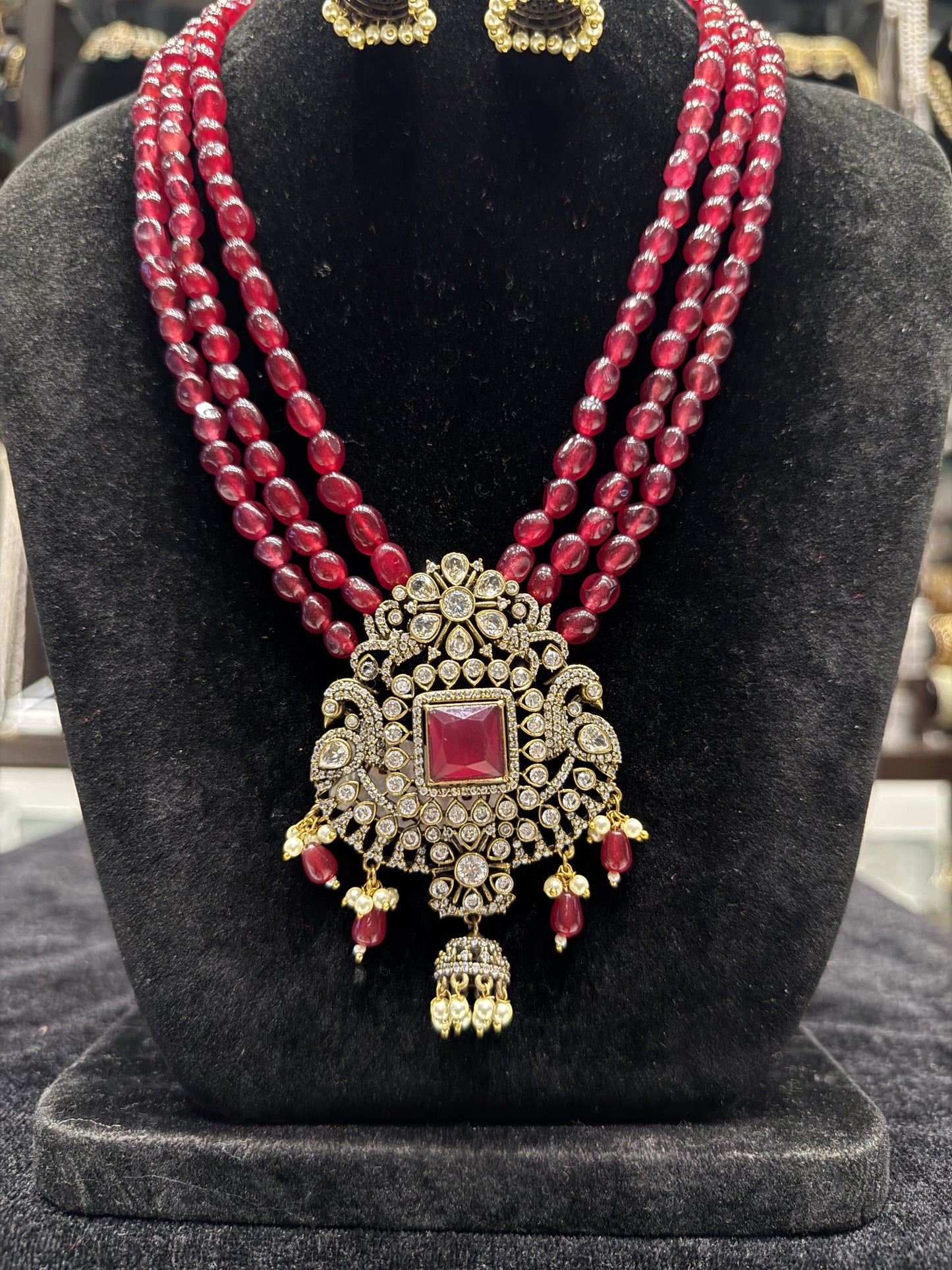 24889 Victorian Beads Mala with Monalisa Beads and Ruby stone Moissanite Stones