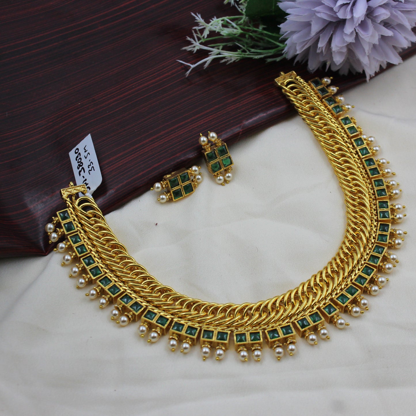 38030 Jadau Kundan Jalebi Necklace with Swarovski pearls