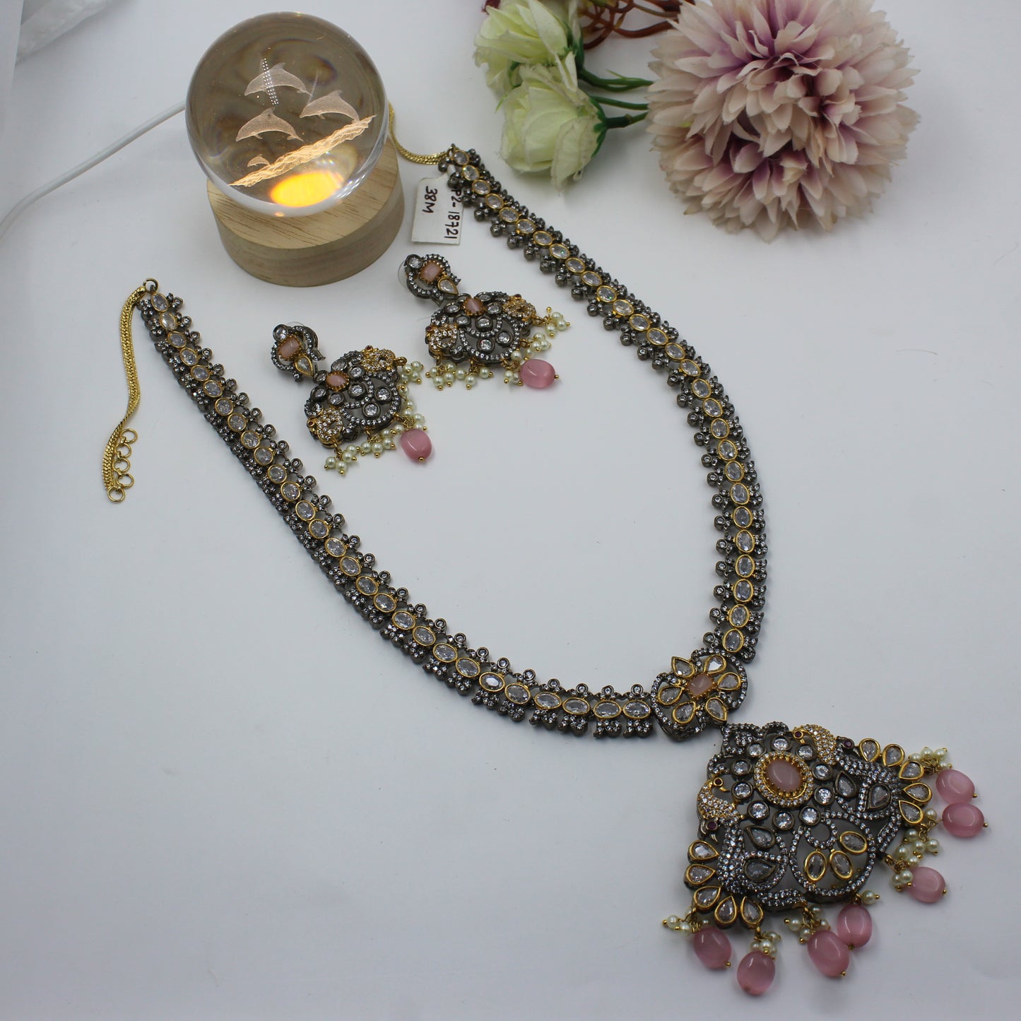 Victorian Long Mint Pink Necklace Set