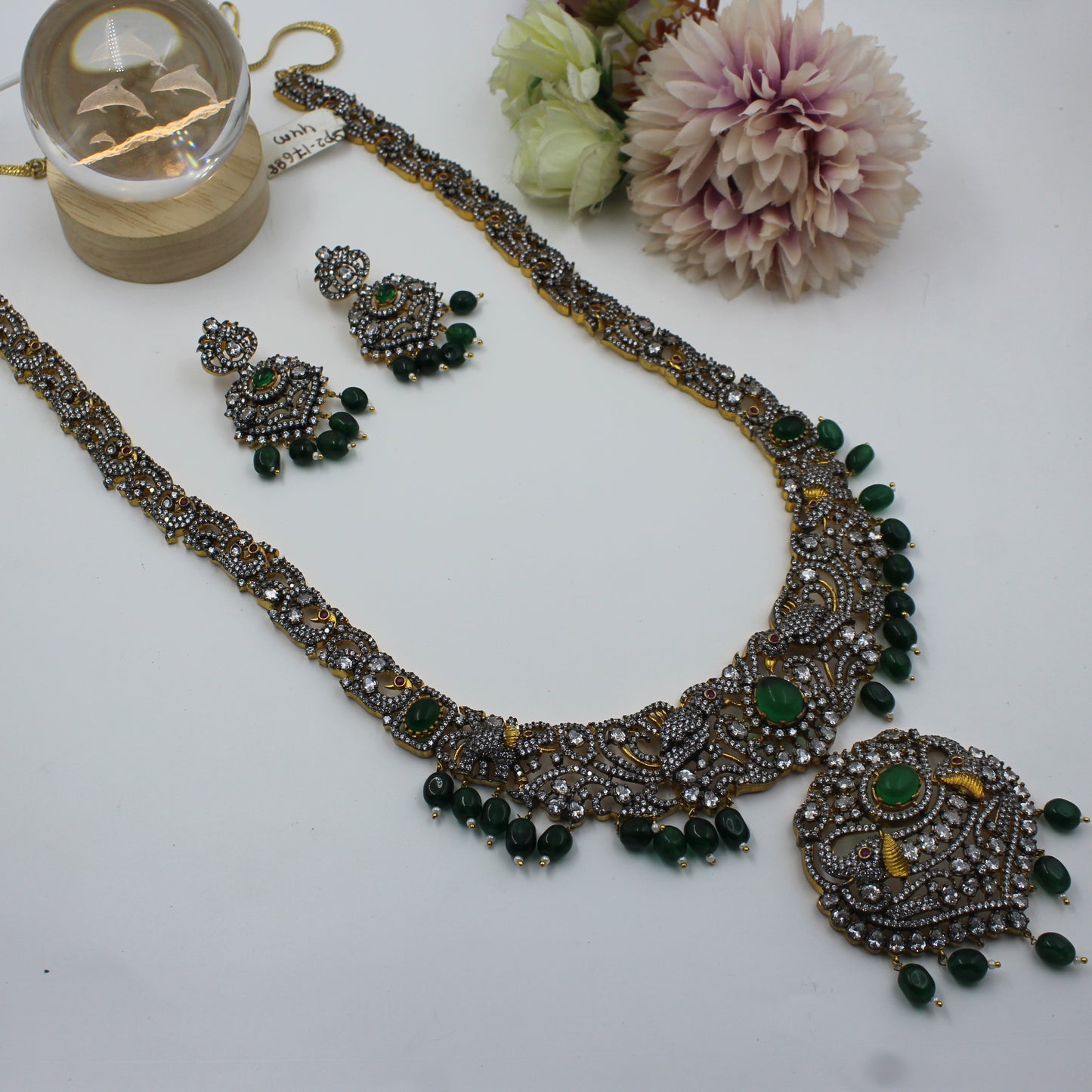 Victorian Elephant Peacock Green Long Necklace