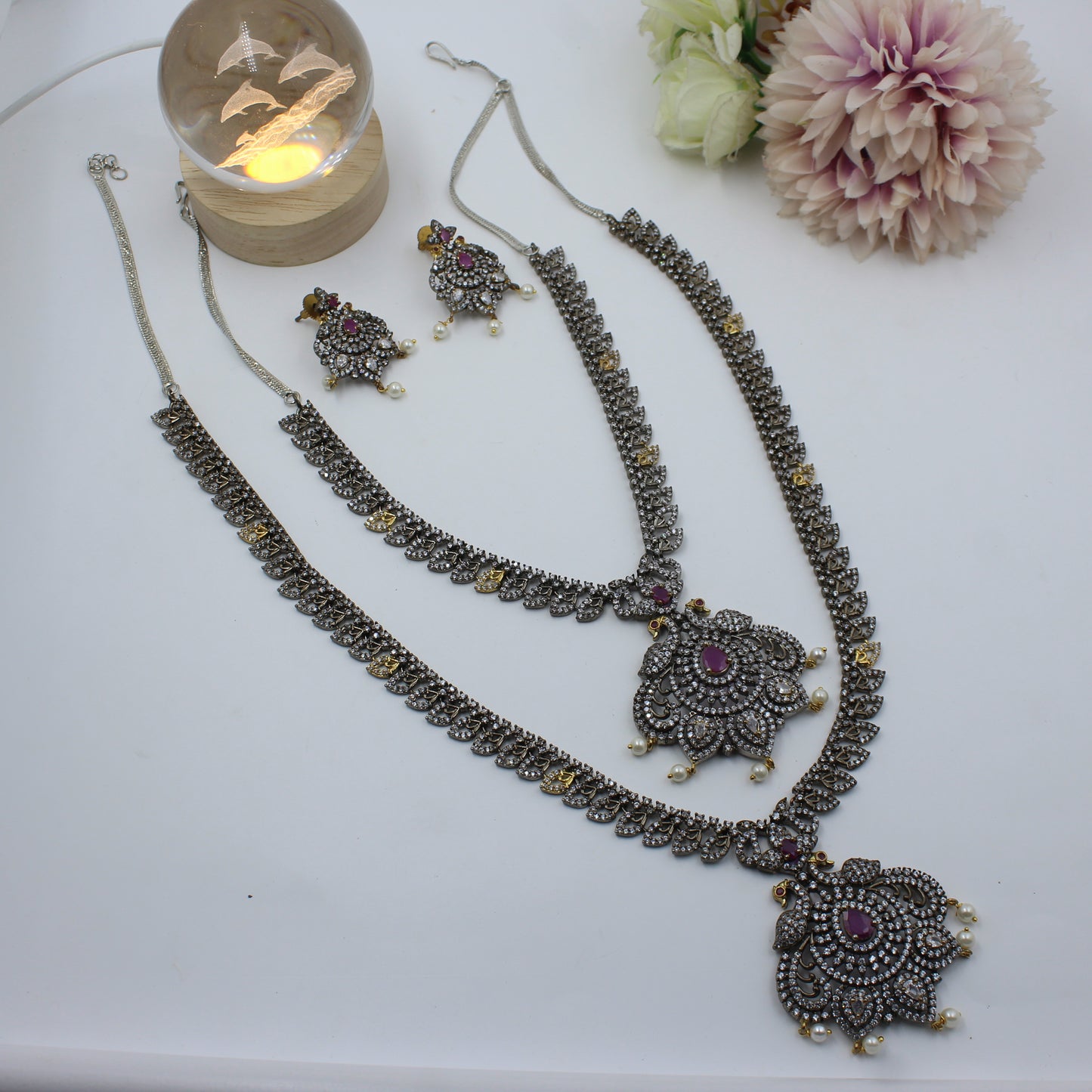 16768 Victorian Double Peacock eacock Combo Red Necklace Set