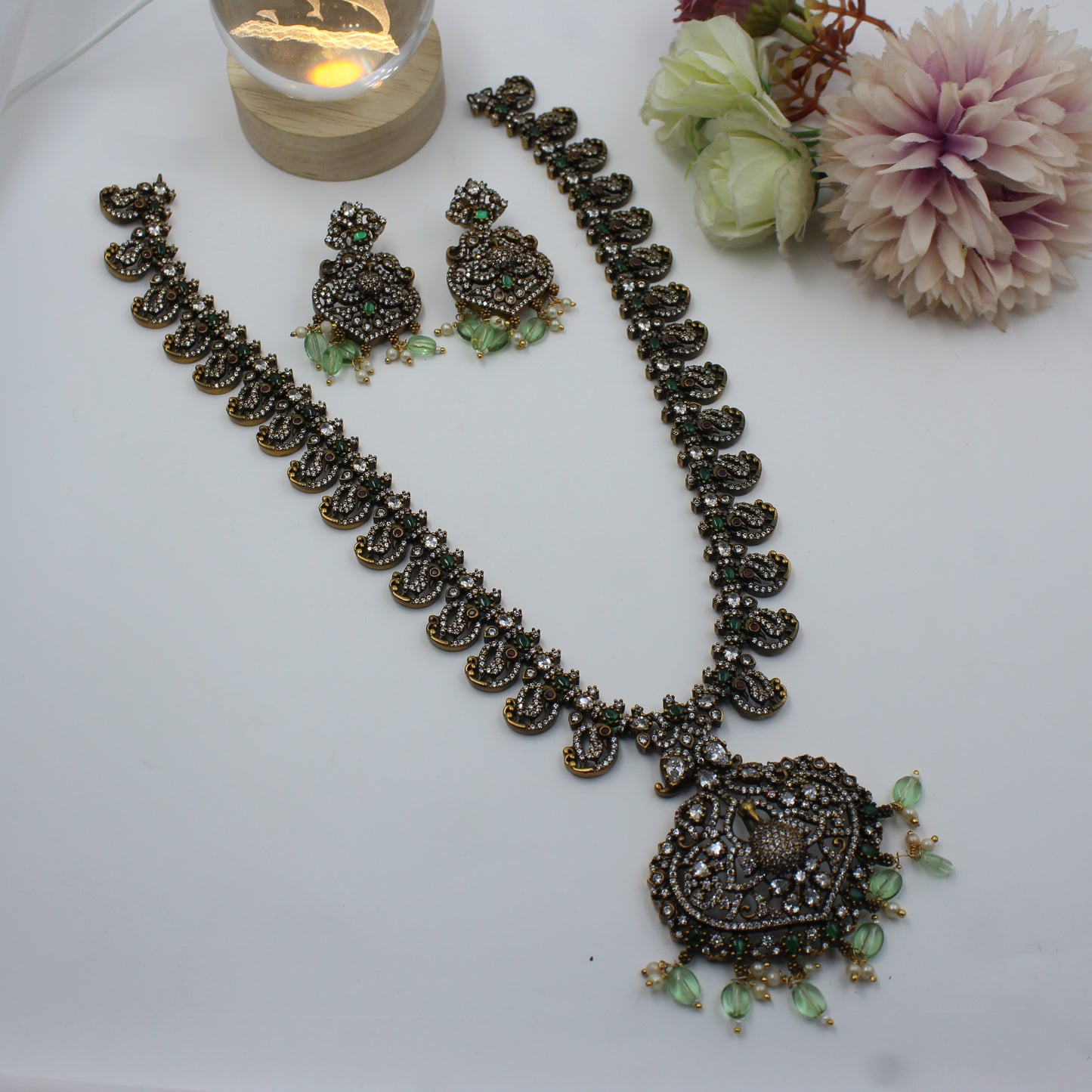 Victorian Long Necklace Green Peacock