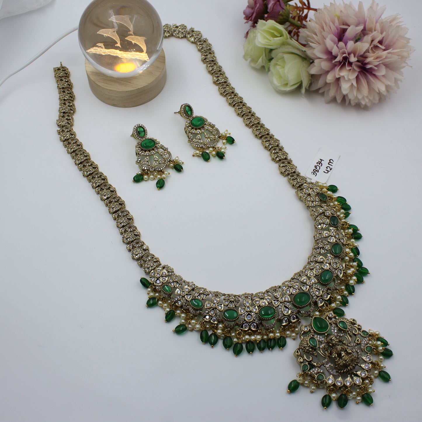 Lakshmi Victorian Long Green Necklace Set