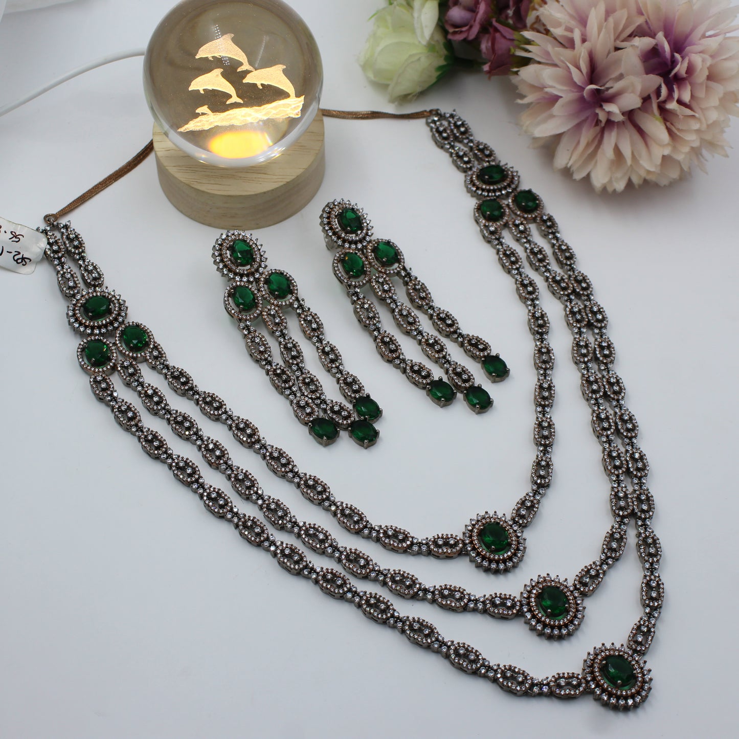 Victorian 3 Layers Long Green Necklace Set