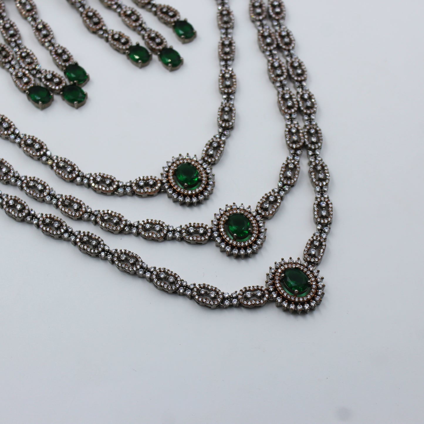 Victorian 3 Layers Long Green Necklace Set