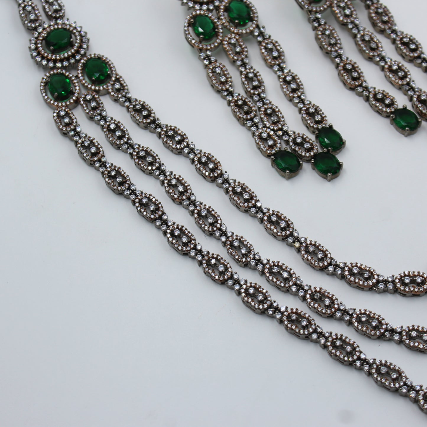 Victorian 3 Layers Long Green Necklace Set