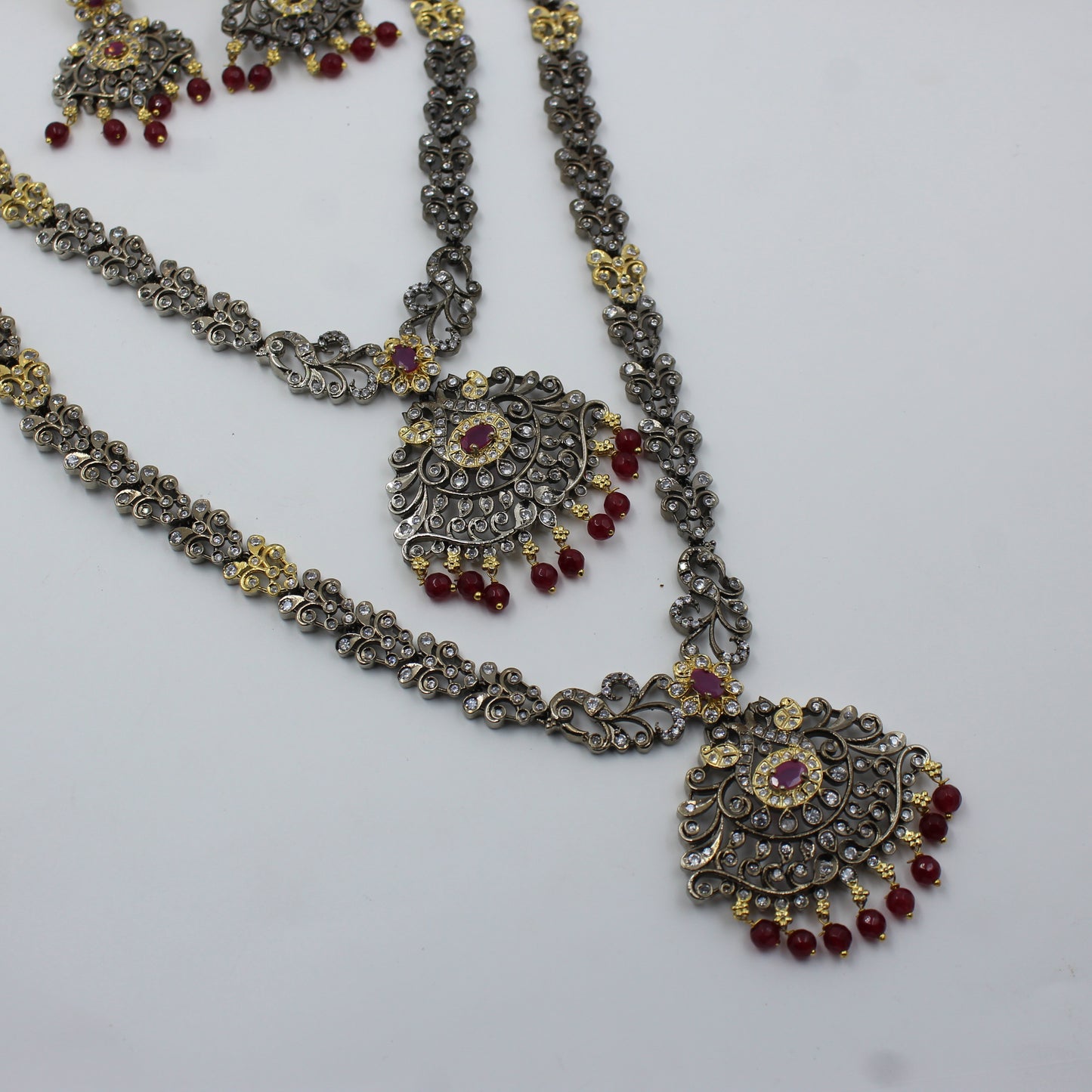 Victorian Double Peacock Red Combo Necklace Set