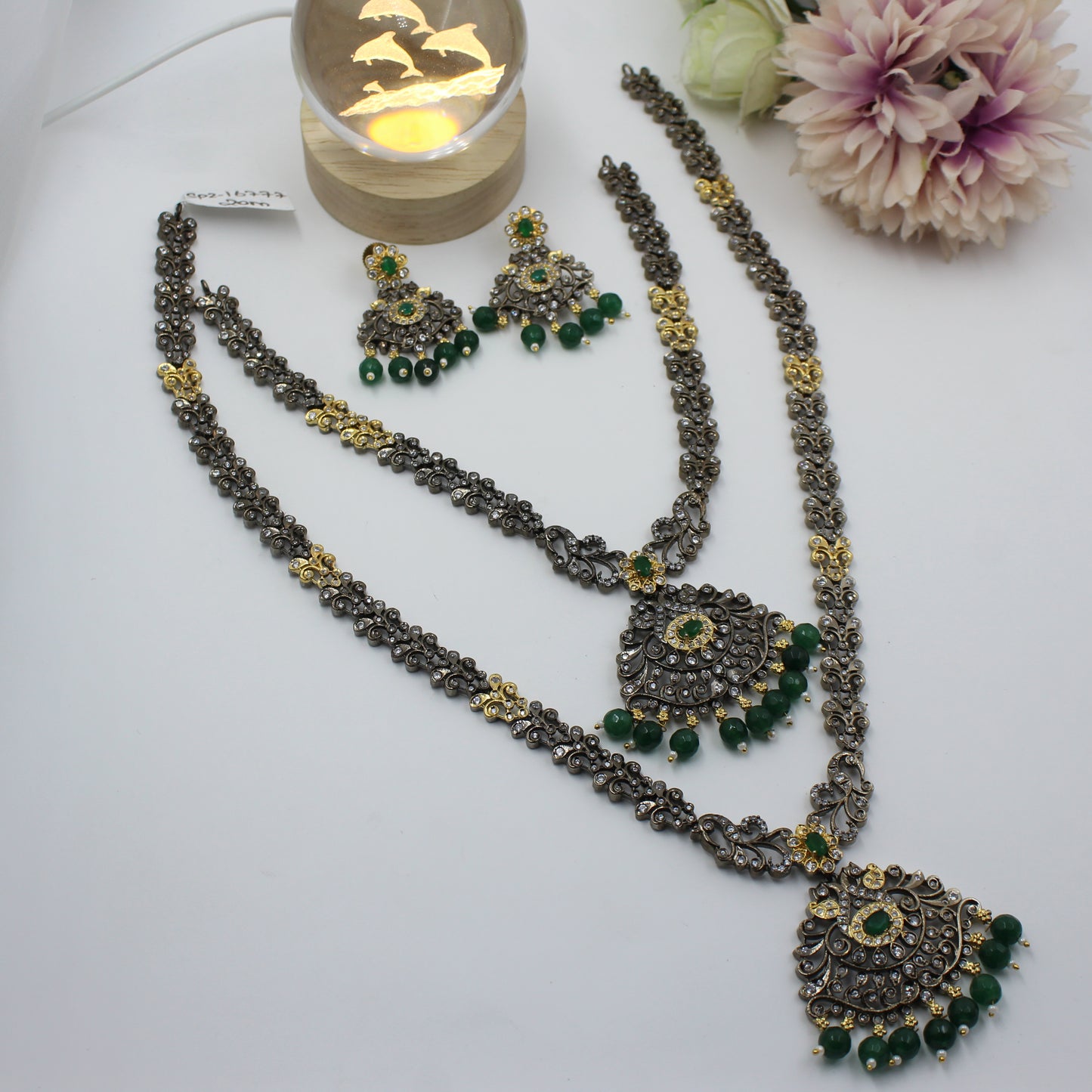 Victorian Double Peacock Green Combo Necklace Set