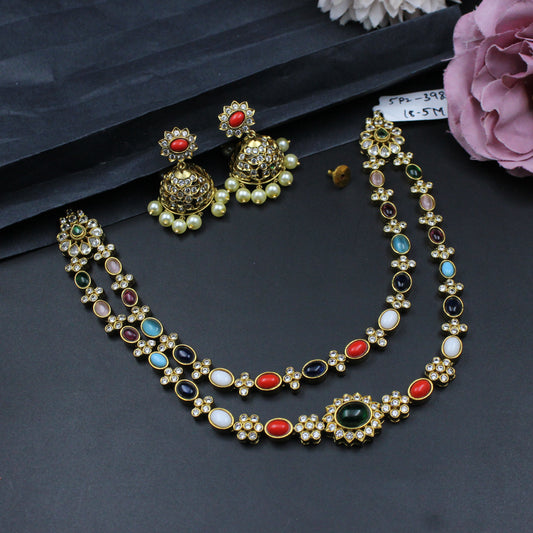 39856 Navratna 2 line necklace with coral Jhumkas