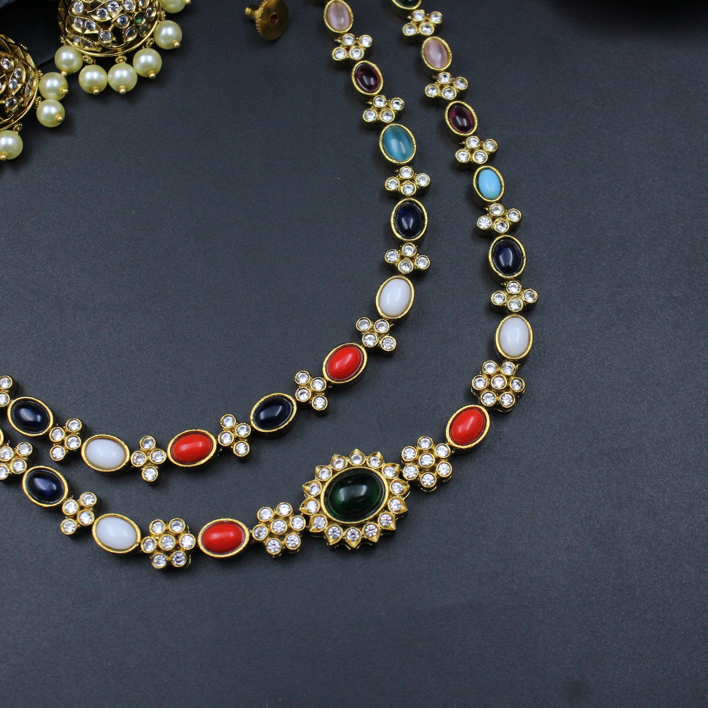 39856 Navratna 2 line necklace with coral Jhumkas