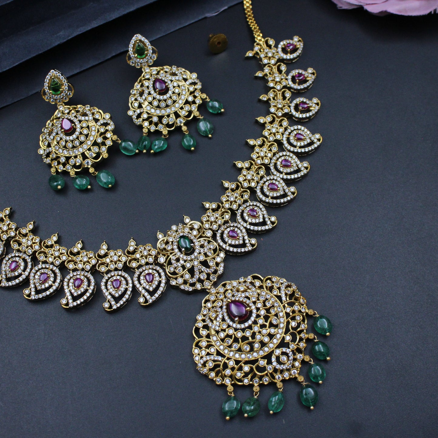38992 Multi Mango necklace with Chandbali Earrings