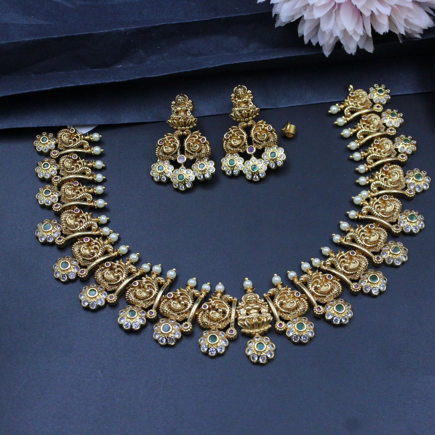 40005 / 40755 Lakshmi Peacock Nakshi Bottu Mala with screwback earrings