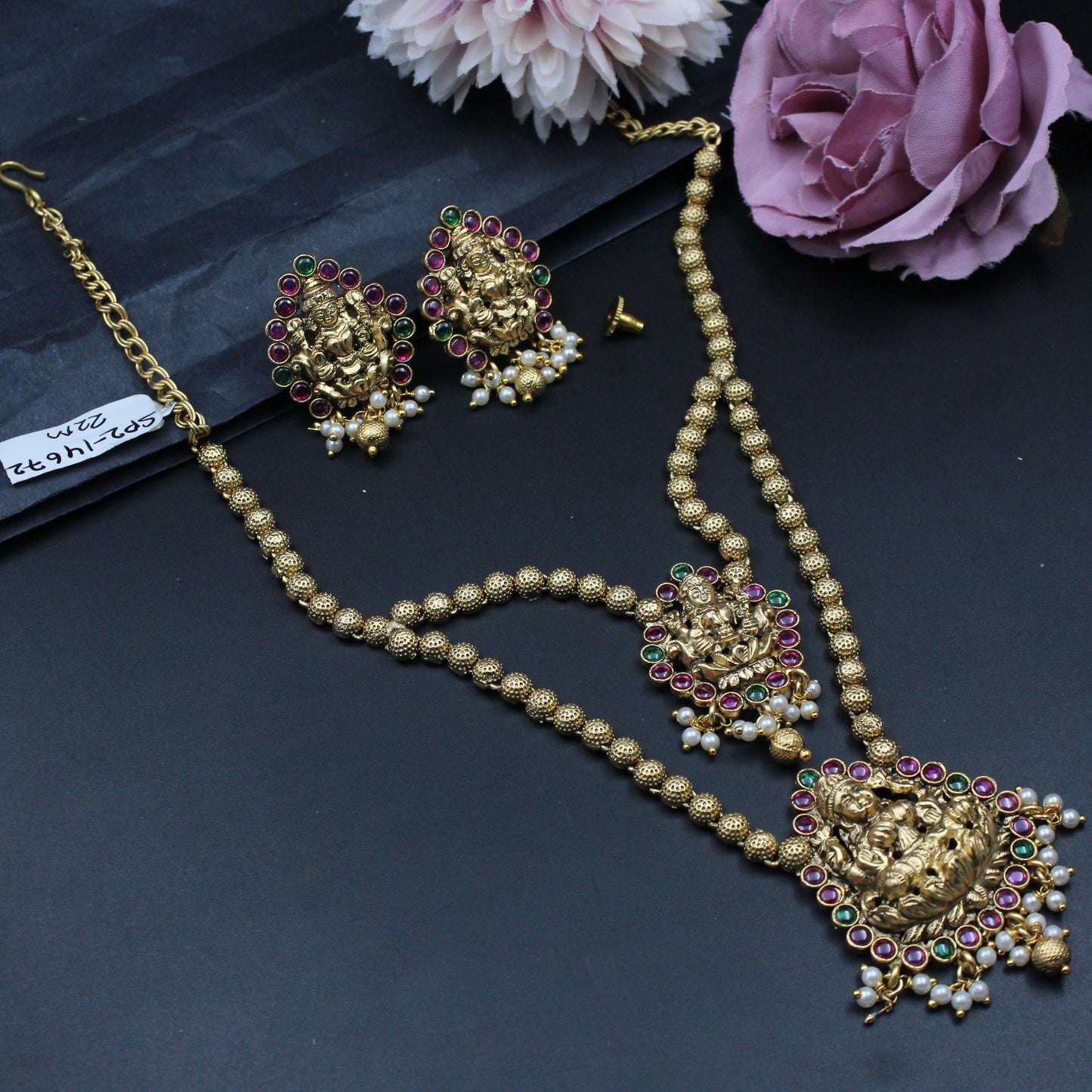 14672 Two Lines Balls Laxmi Necklace Set