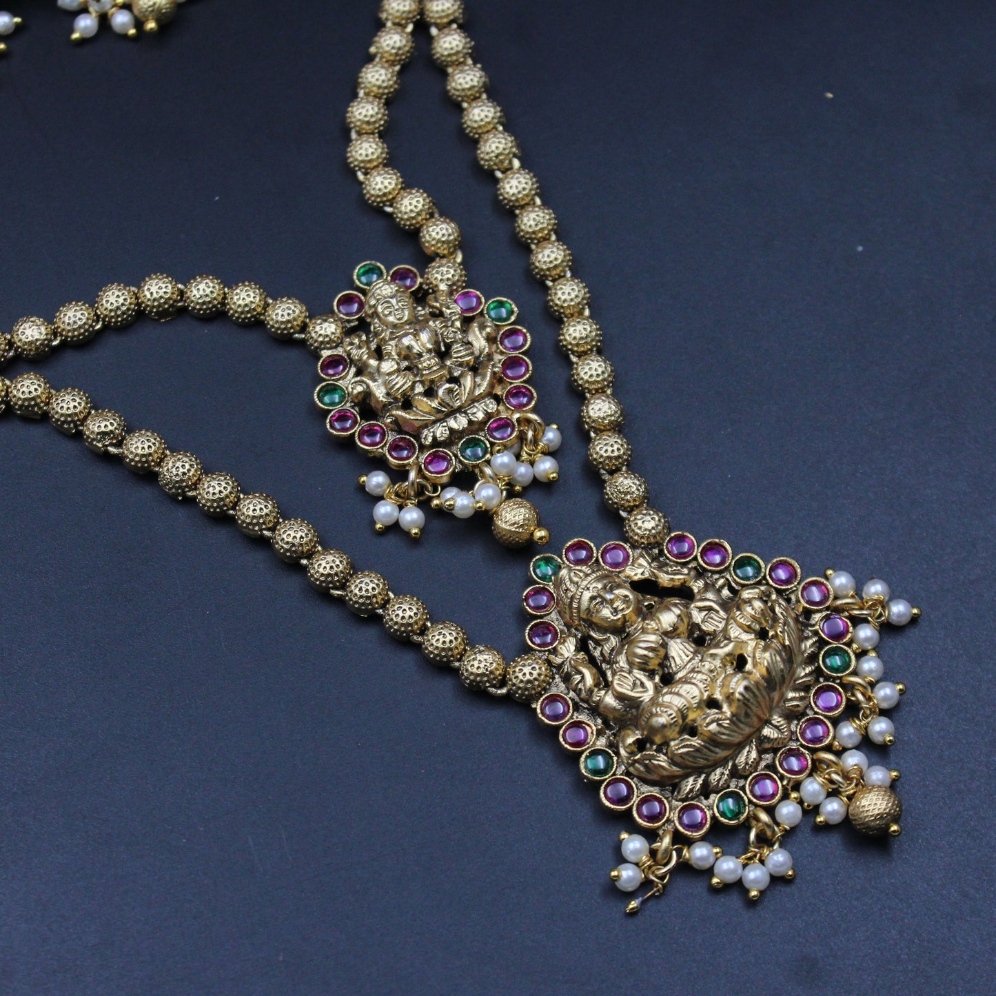14672 Two Lines Balls Laxmi Necklace Set