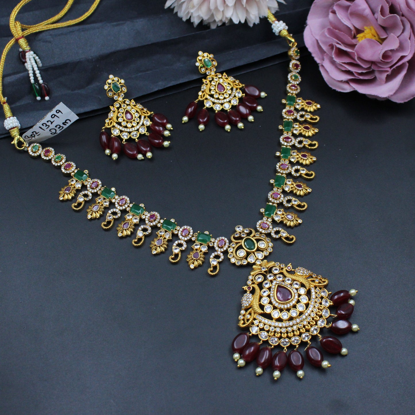 13299 Matte double peacock 3/4 necklace with screwback earrings