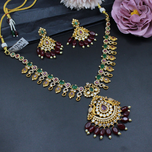 13299 Matte double peacock 3/4 necklace with screwback earrings