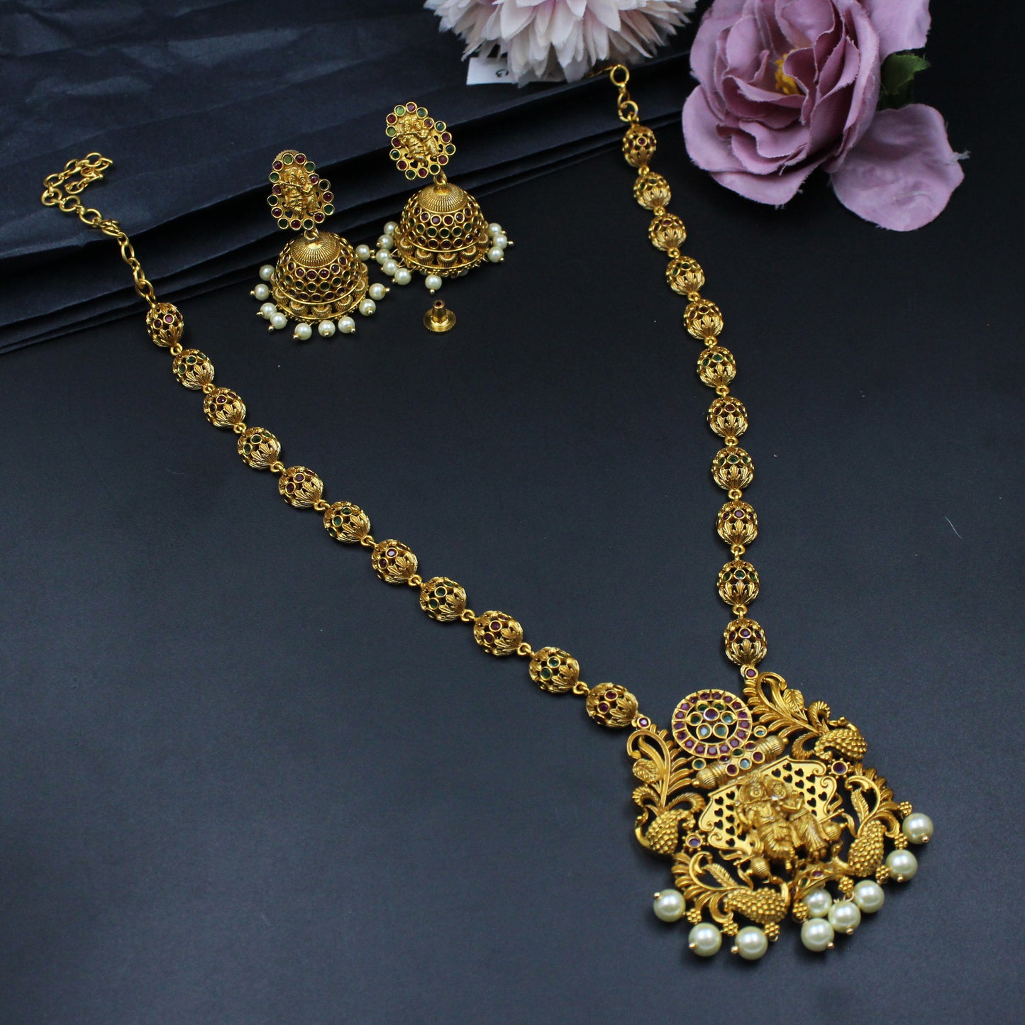 5143 Matte finishing Radha Krishna single line necklace with Jhumkas