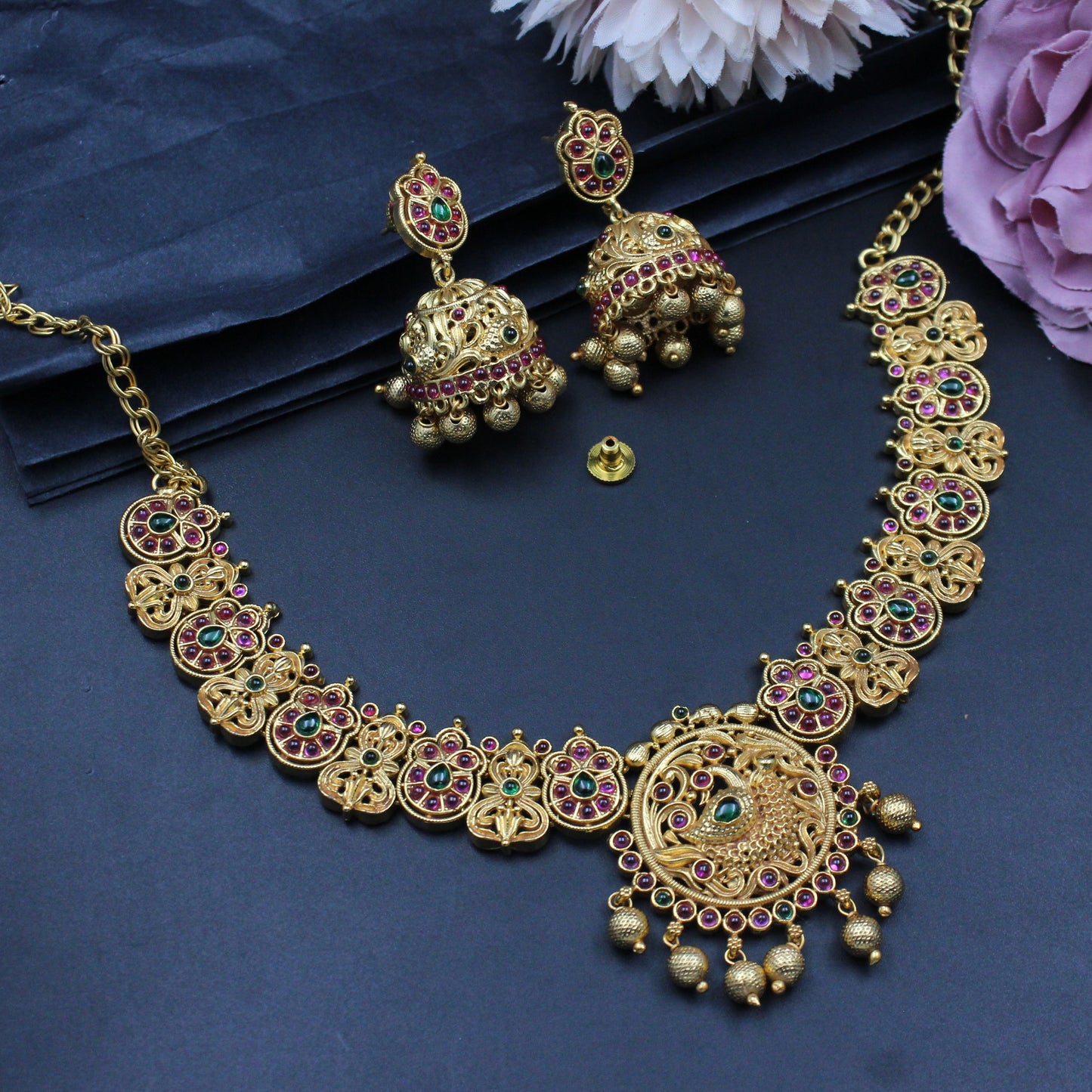 3281 Pota stone peacock necklace with Jhumkas