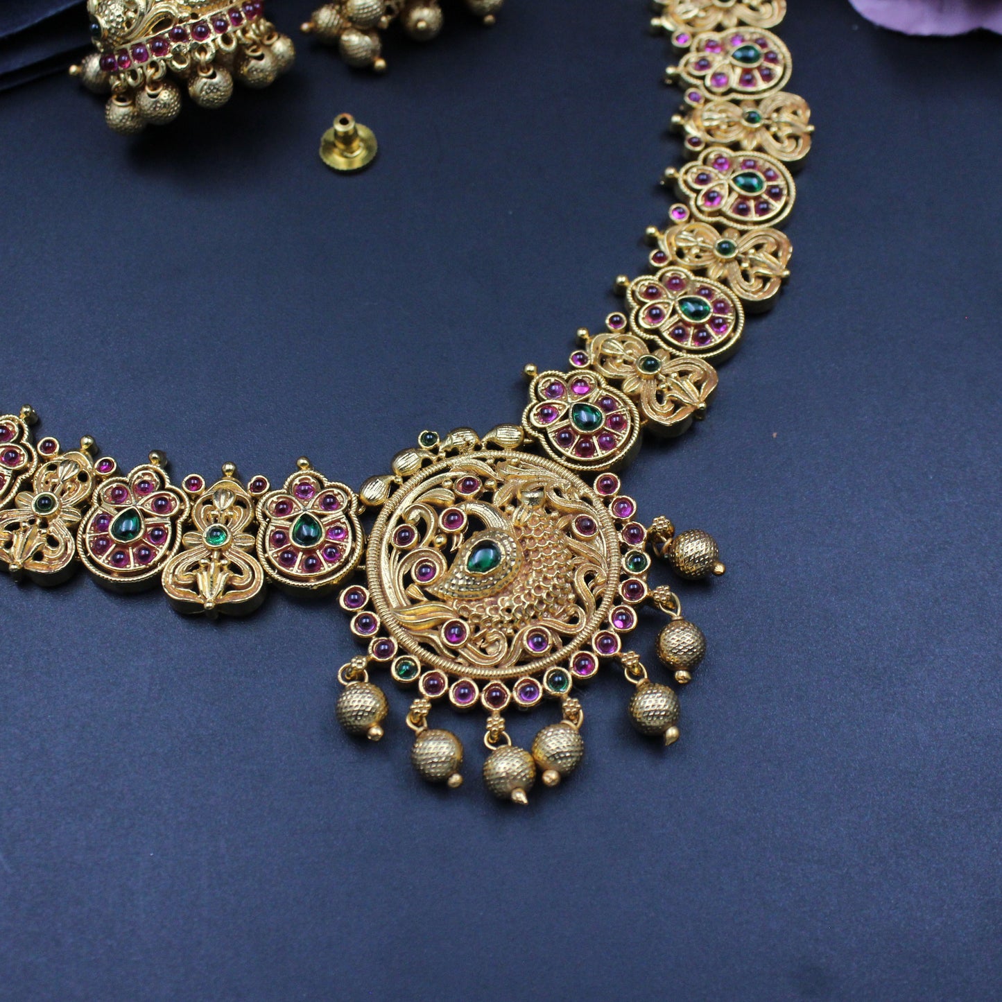 3281 Pota stone peacock necklace with Jhumkas