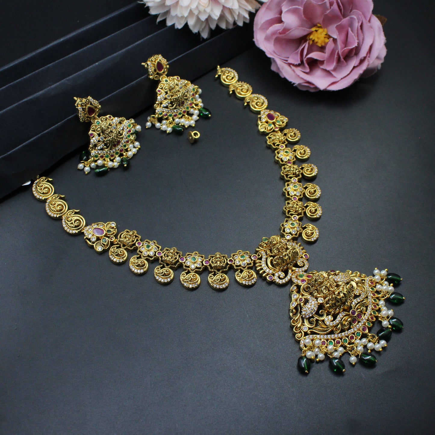 39828 Matte Laxmi Peacock Multi Necklace Set Short