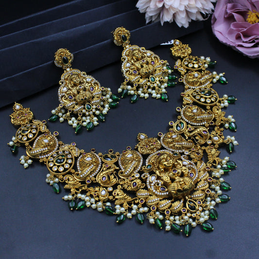 38756 real diamond look Nakshi short  bridal necklace