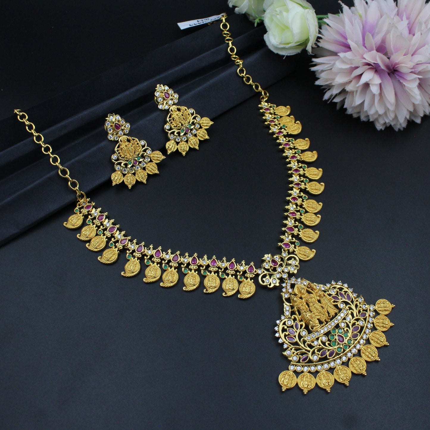 4999 Ram parivar matte finishing short necklace with earrings