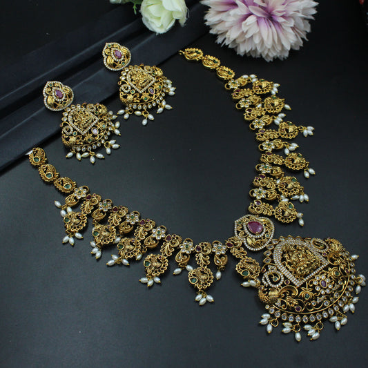 29470 Matte Lakshmi gold look necklace with rice pearls and screwback earrings