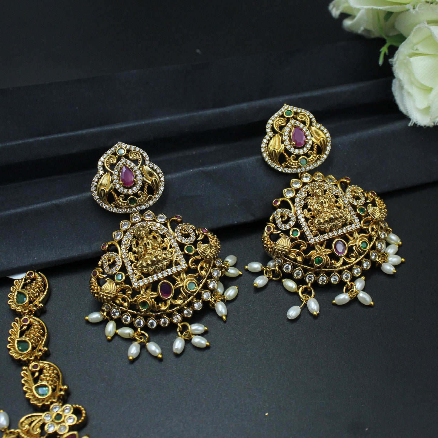 29470 Matte Lakshmi gold look necklace with rice pearls and screwback earrings