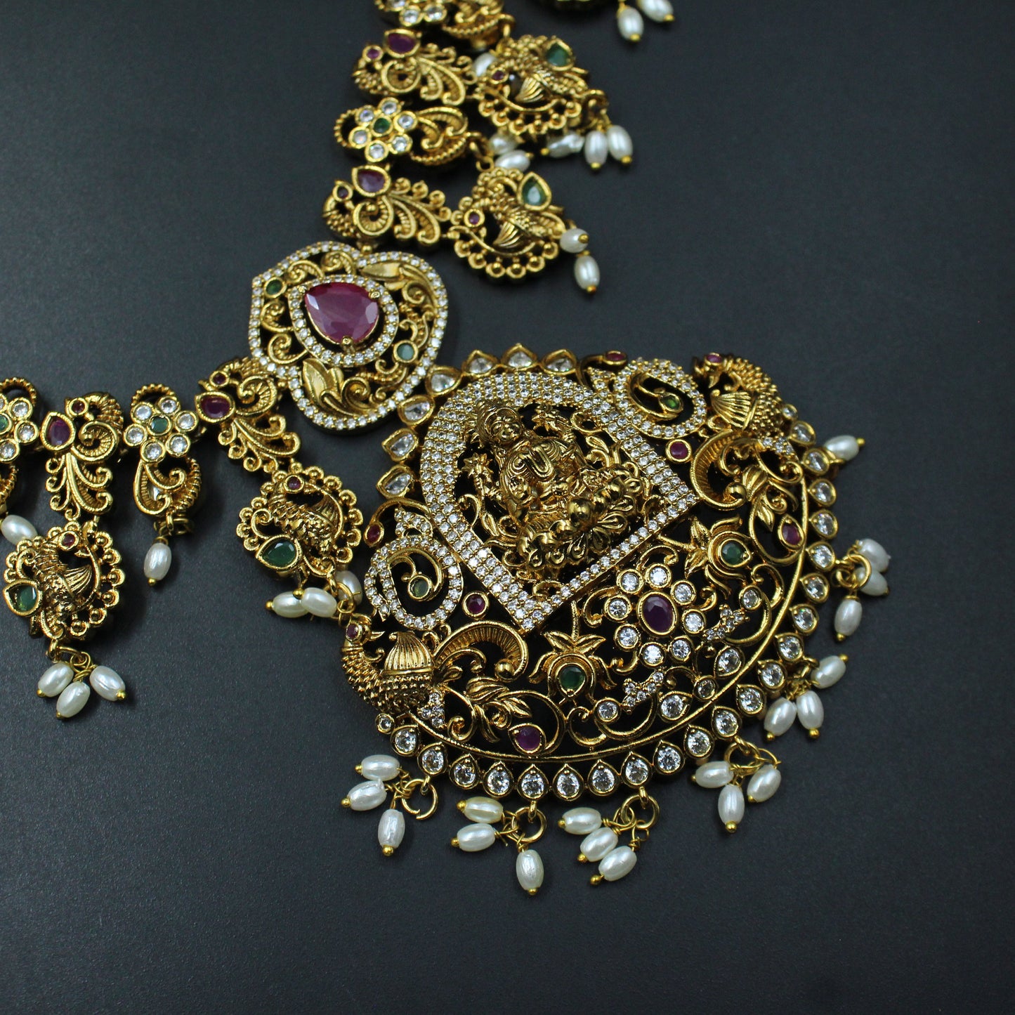 29470 Matte Lakshmi gold look necklace with rice pearls and screwback earrings