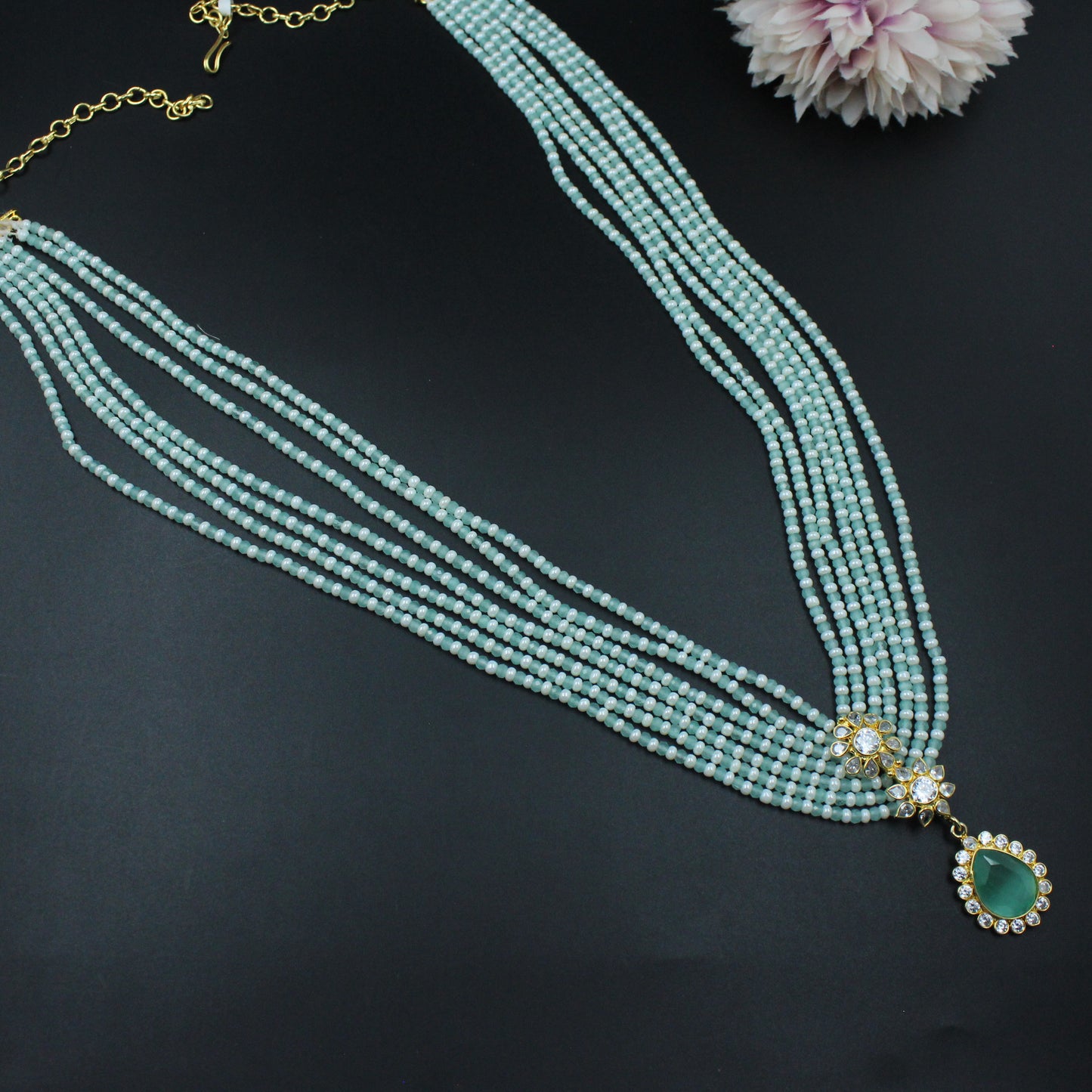 39831 - 7 Lines Sugar Beads Mala With Mint Green Locket