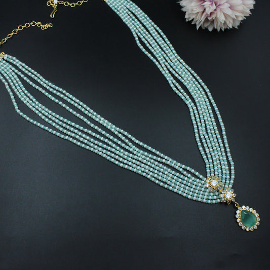 39831 - 7 Lines Sugar Beads Mala With Mint Green Locket