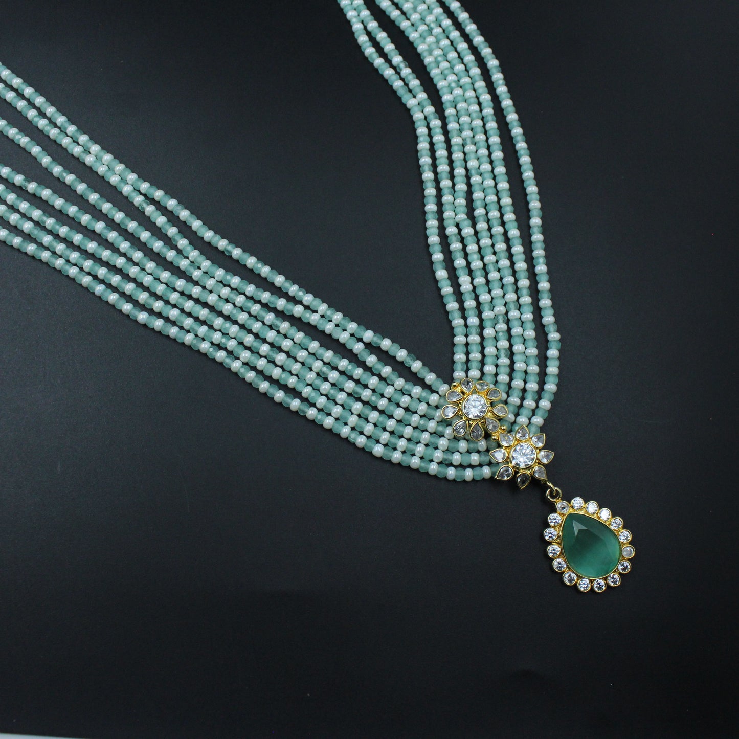 39831 - 7 Lines Sugar Beads Mala With Mint Green Locket