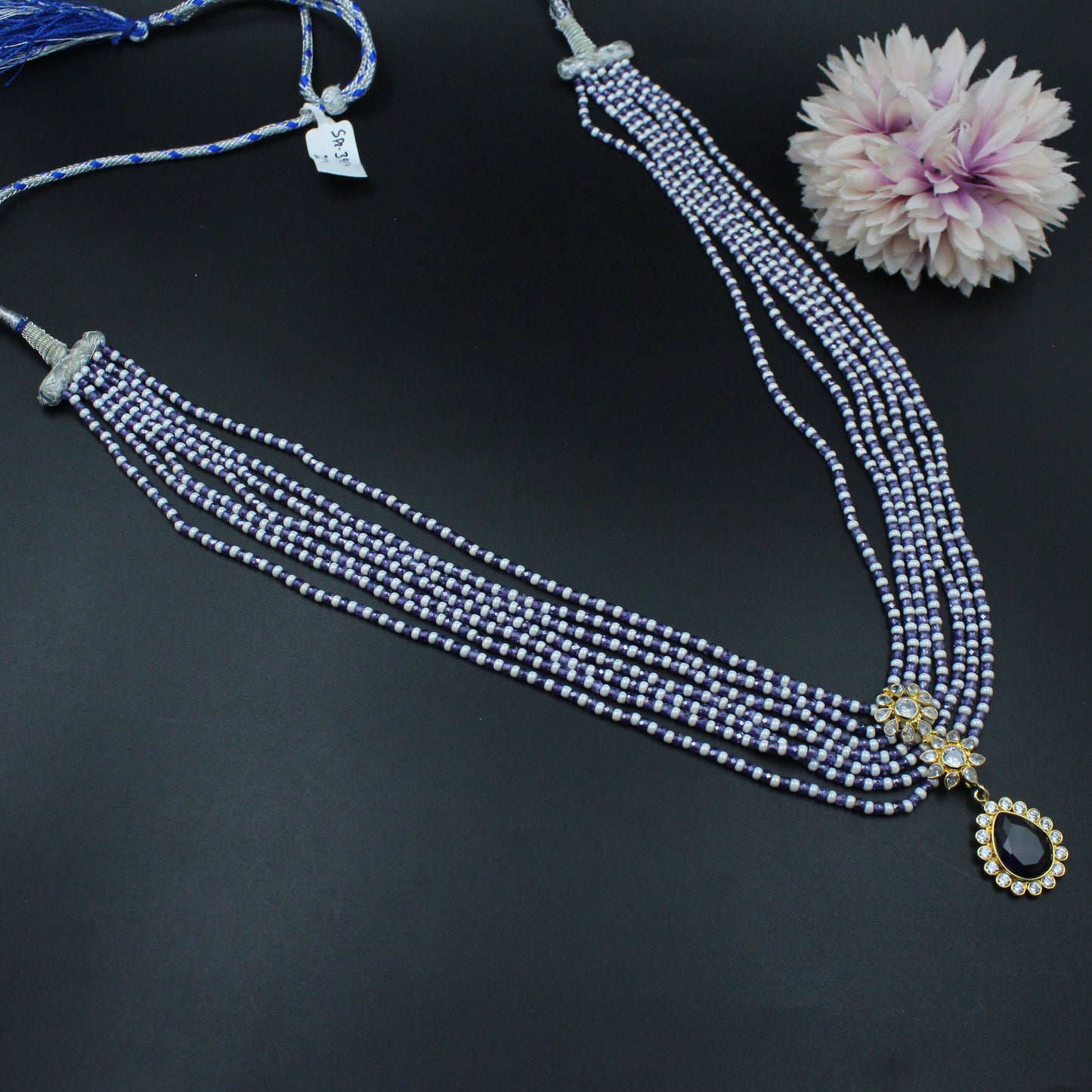 39834 - 7 Lines Sugar Beads Mala With Pink Locket