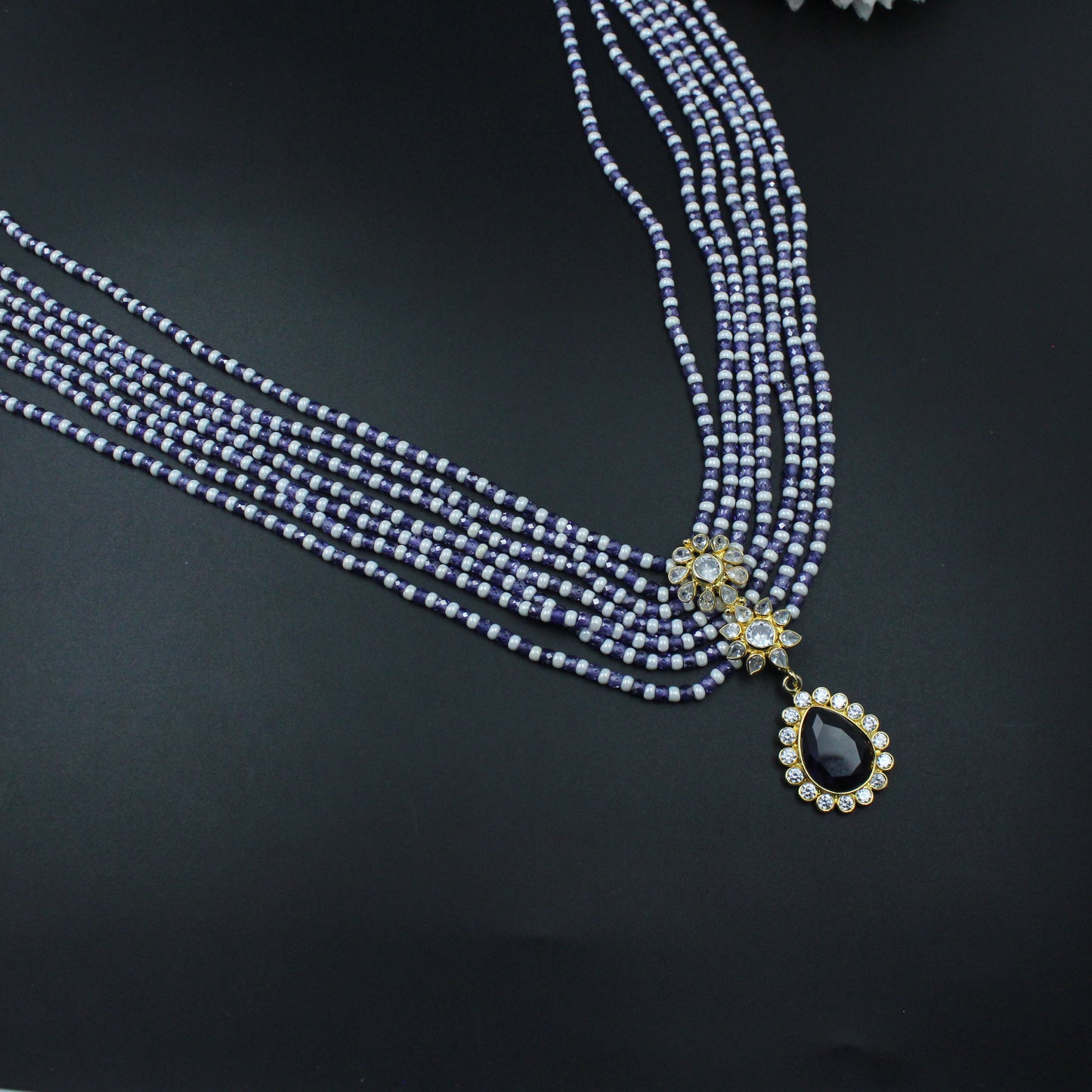 39834 - 7 Lines Sugar Beads Mala With Pink Locket