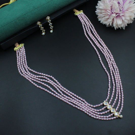 40310 - 5 Lines Sugar Beads Mala Pink With Square Pendent Set
